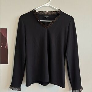 Talbots Black Long-Sleeve V-Neck Top with Lace Trim